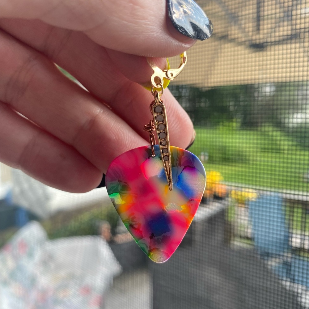 Hand made by self Colorful Gold-Tone Women guitar pick earring.